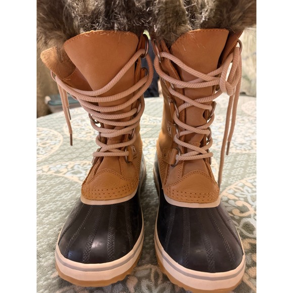 NWOT Sorel Joan of Arctic Waterproof Snow Boots Faux Fur Tan Black Women's 8.5 - Picture 2 of 9
